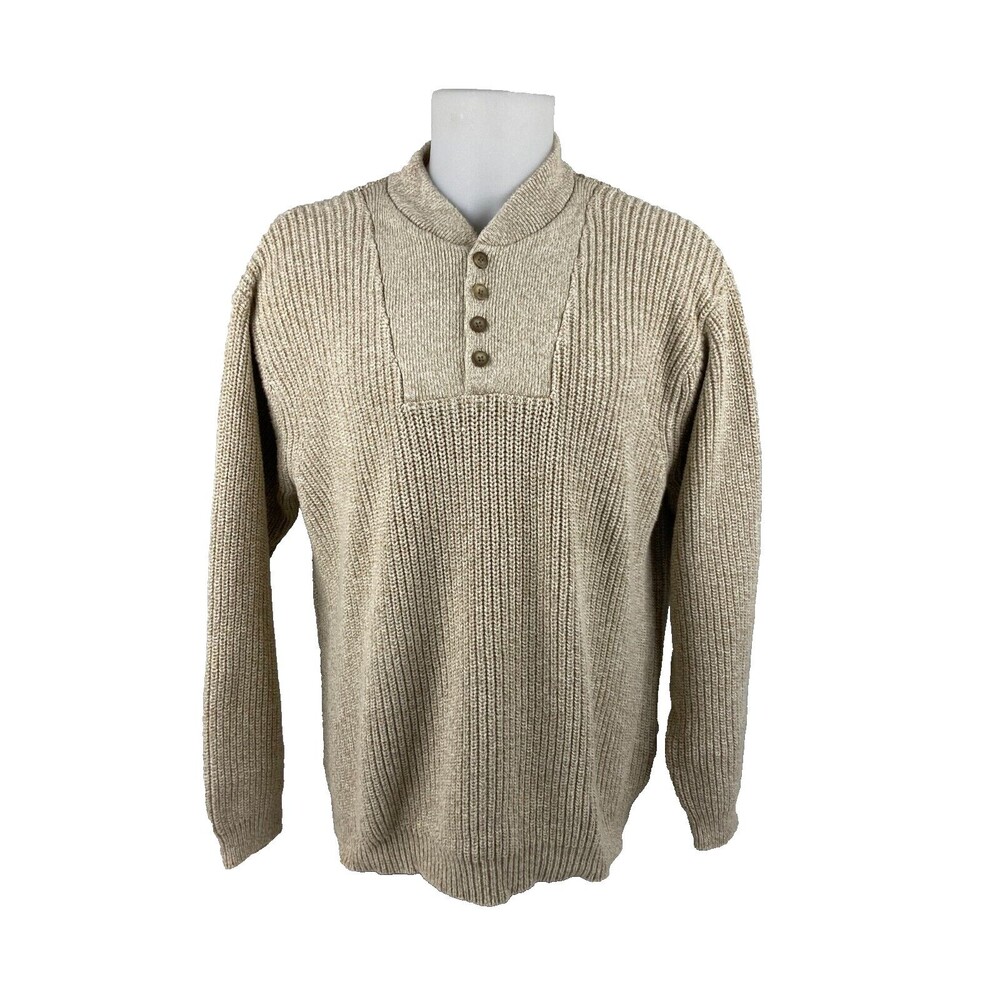Eddie Bauer Men XXL Henley Knit Sweater Tan Beige Heavy Hong Kong